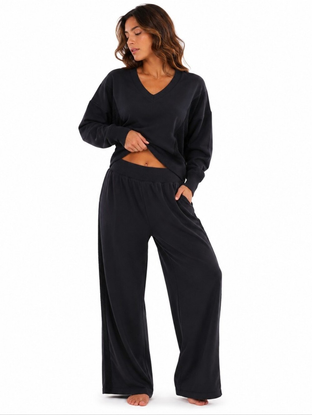 Aerie ($175) NWT Cozy V-Neck Lounge Set Black Wide Leg Sweatpants Matching Set